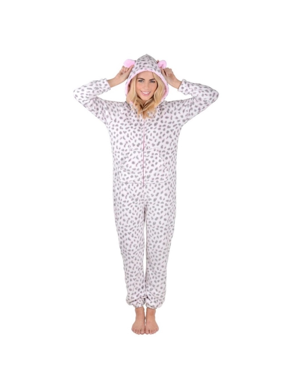 Autumn Faith Pink & Grey Leopard Print Plush Sleep Onesie One Piece Pajamas